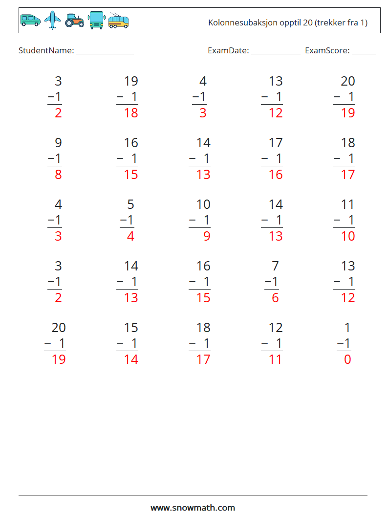 (25) Kolonnesubaksjon opptil 20 (trekker fra 1) MathWorksheets 13 QuestionAnswer