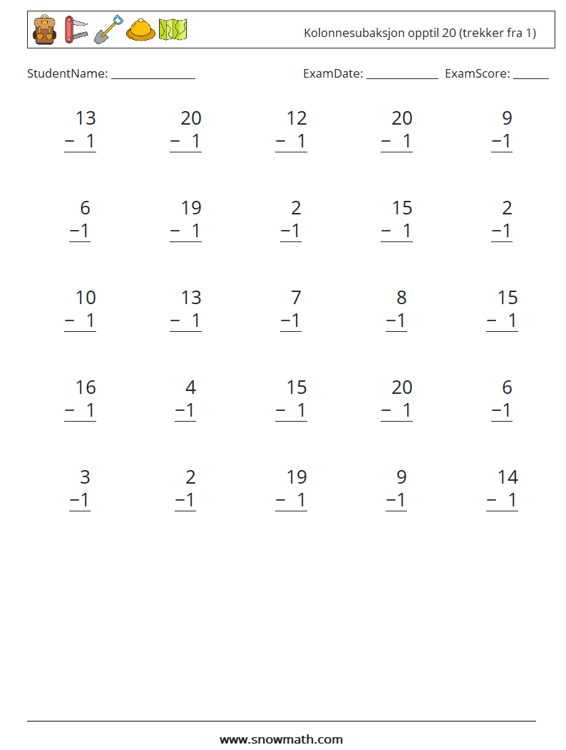 (25) Kolonnesubaksjon opptil 20 (trekker fra 1) MathWorksheets 14