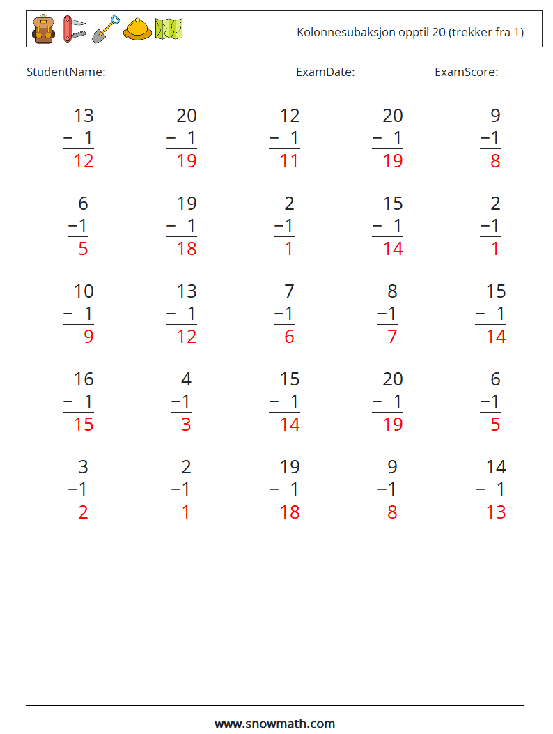 (25) Kolonnesubaksjon opptil 20 (trekker fra 1) MathWorksheets 14 QuestionAnswer