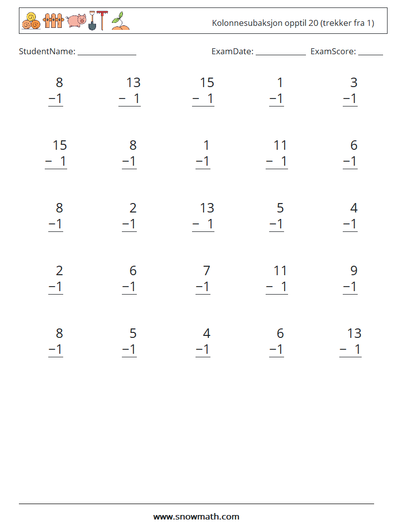 (25) Kolonnesubaksjon opptil 20 (trekker fra 1) MathWorksheets 15