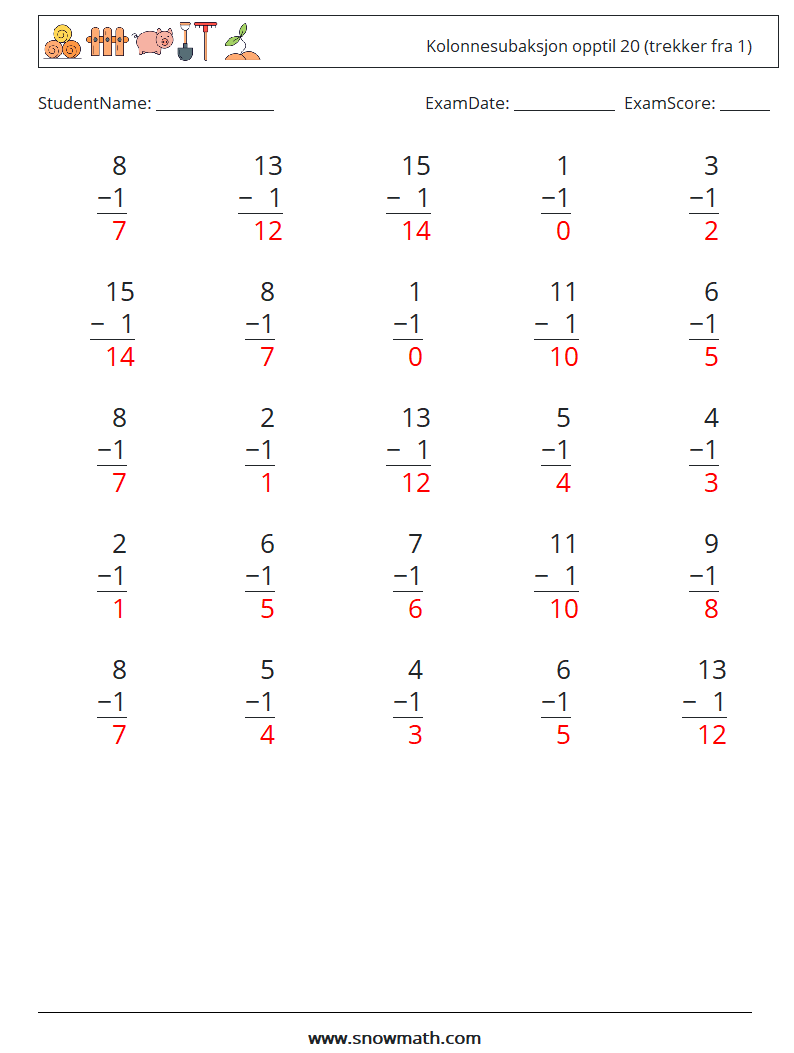 (25) Kolonnesubaksjon opptil 20 (trekker fra 1) MathWorksheets 15 QuestionAnswer