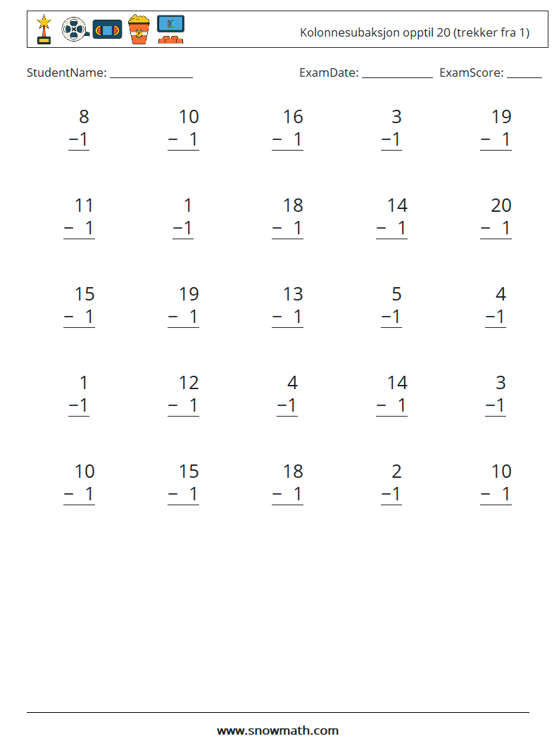 (25) Kolonnesubaksjon opptil 20 (trekker fra 1) MathWorksheets 16