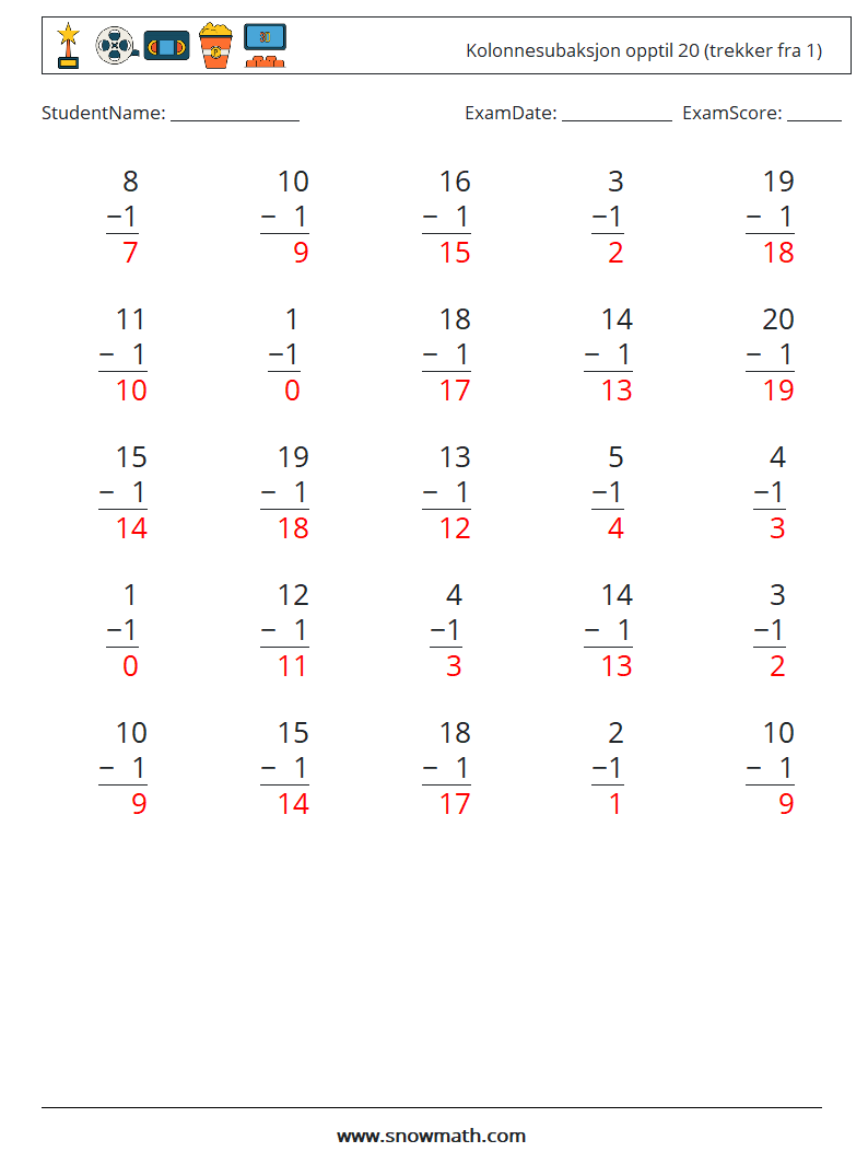 (25) Kolonnesubaksjon opptil 20 (trekker fra 1) MathWorksheets 16 QuestionAnswer