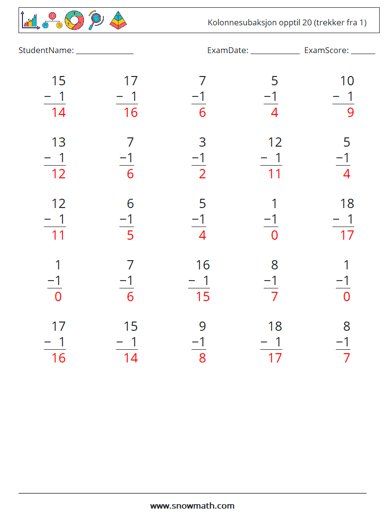 (25) Kolonnesubaksjon opptil 20 (trekker fra 1) MathWorksheets 17 QuestionAnswer