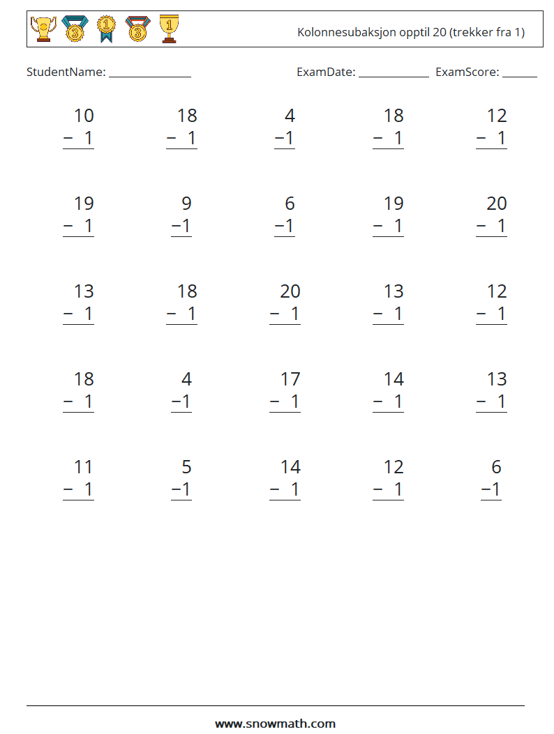 (25) Kolonnesubaksjon opptil 20 (trekker fra 1) MathWorksheets 18