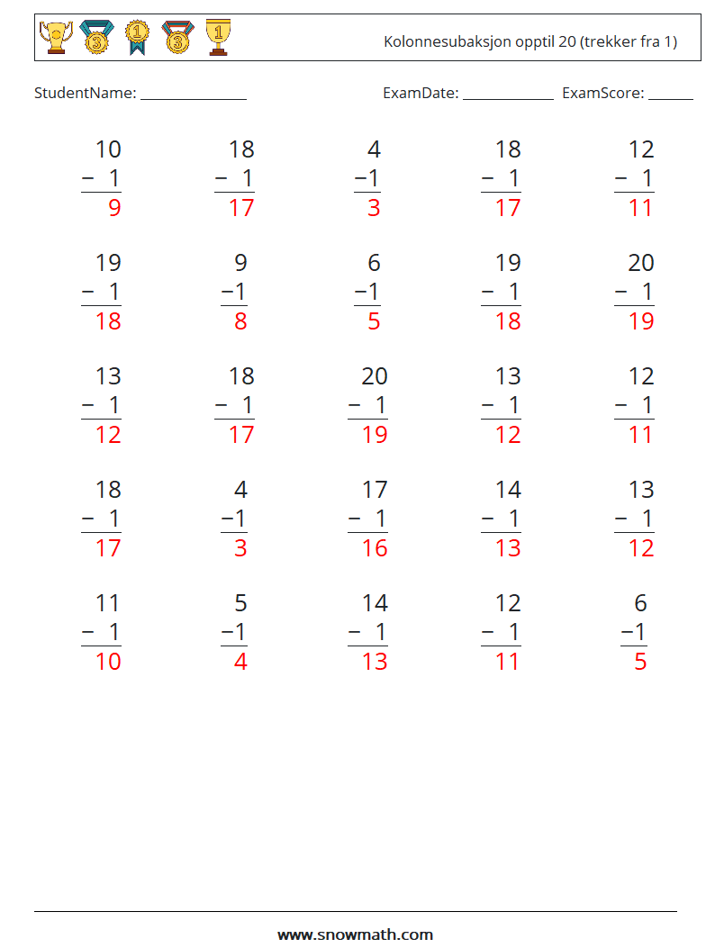 (25) Kolonnesubaksjon opptil 20 (trekker fra 1) MathWorksheets 18 QuestionAnswer