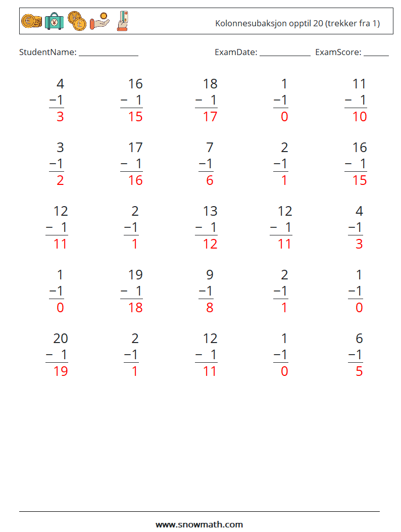 (25) Kolonnesubaksjon opptil 20 (trekker fra 1) MathWorksheets 1 QuestionAnswer