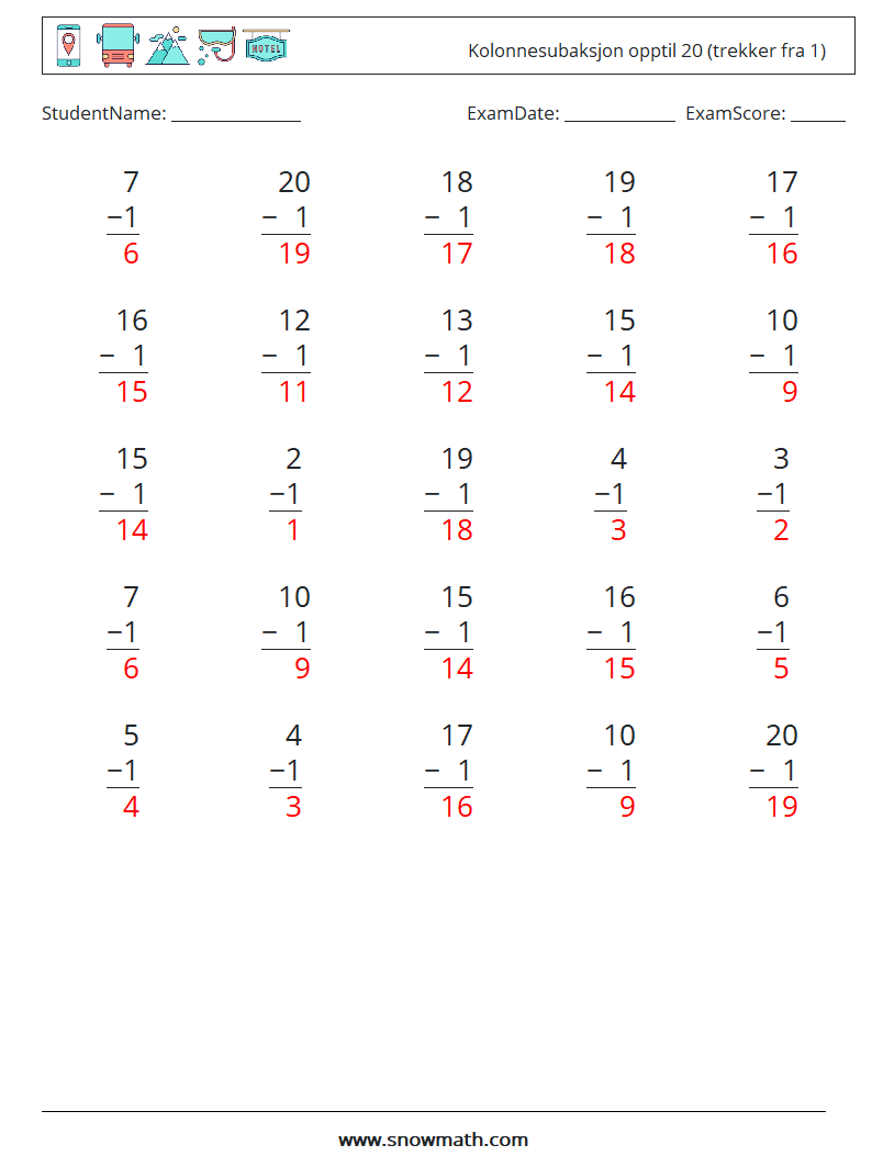(25) Kolonnesubaksjon opptil 20 (trekker fra 1) MathWorksheets 2 QuestionAnswer