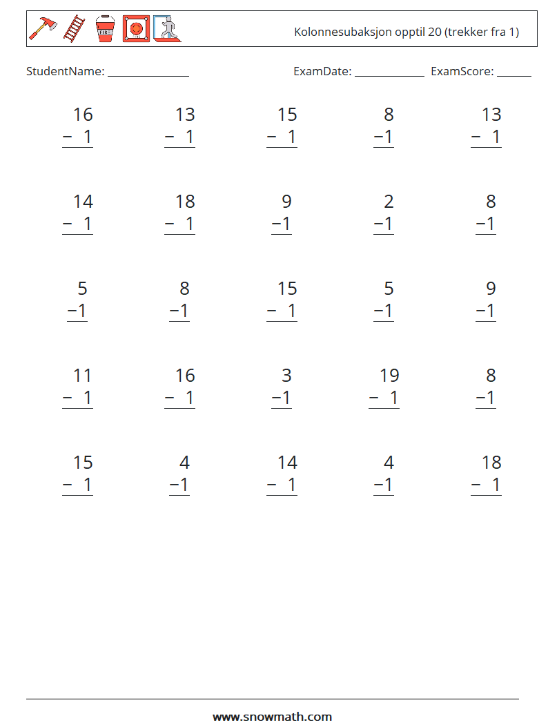 (25) Kolonnesubaksjon opptil 20 (trekker fra 1) MathWorksheets 3
