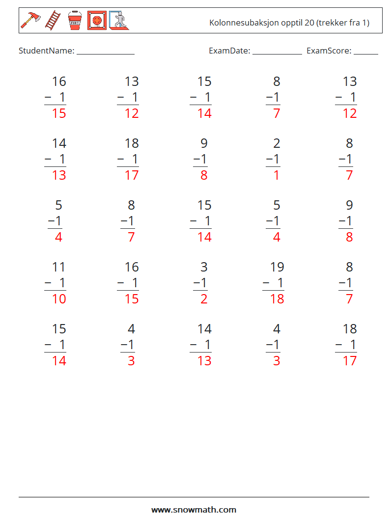 (25) Kolonnesubaksjon opptil 20 (trekker fra 1) MathWorksheets 3 QuestionAnswer