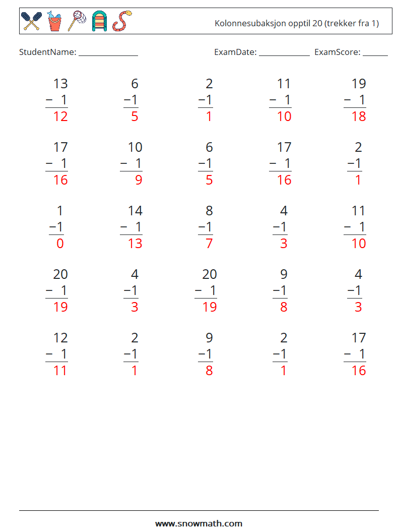 (25) Kolonnesubaksjon opptil 20 (trekker fra 1) MathWorksheets 4 QuestionAnswer