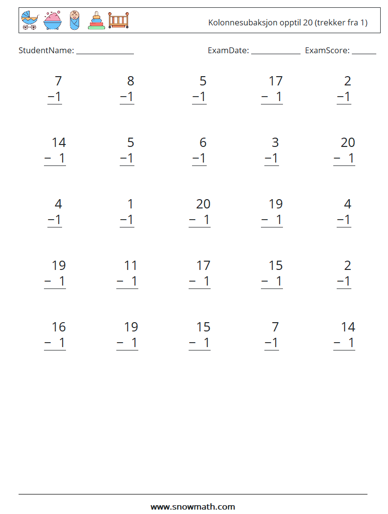 (25) Kolonnesubaksjon opptil 20 (trekker fra 1) MathWorksheets 5