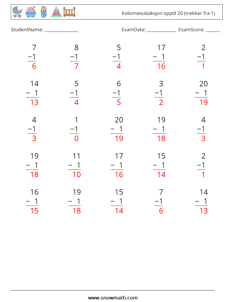 (25) Kolonnesubaksjon opptil 20 (trekker fra 1) MathWorksheets 5 QuestionAnswer