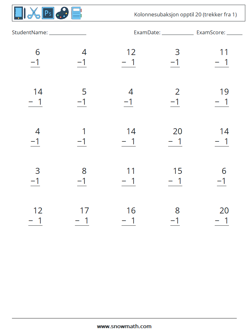 (25) Kolonnesubaksjon opptil 20 (trekker fra 1) MathWorksheets 6