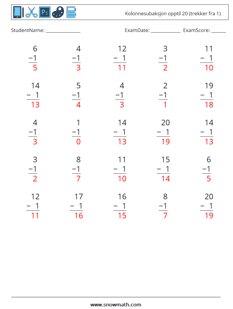 (25) Kolonnesubaksjon opptil 20 (trekker fra 1) MathWorksheets 6 QuestionAnswer