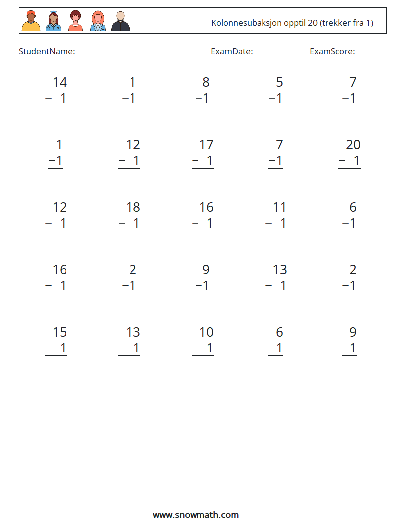 (25) Kolonnesubaksjon opptil 20 (trekker fra 1) MathWorksheets 7