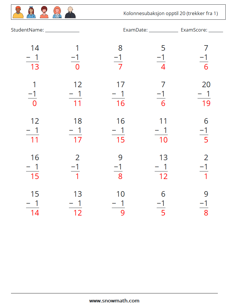 (25) Kolonnesubaksjon opptil 20 (trekker fra 1) MathWorksheets 7 QuestionAnswer