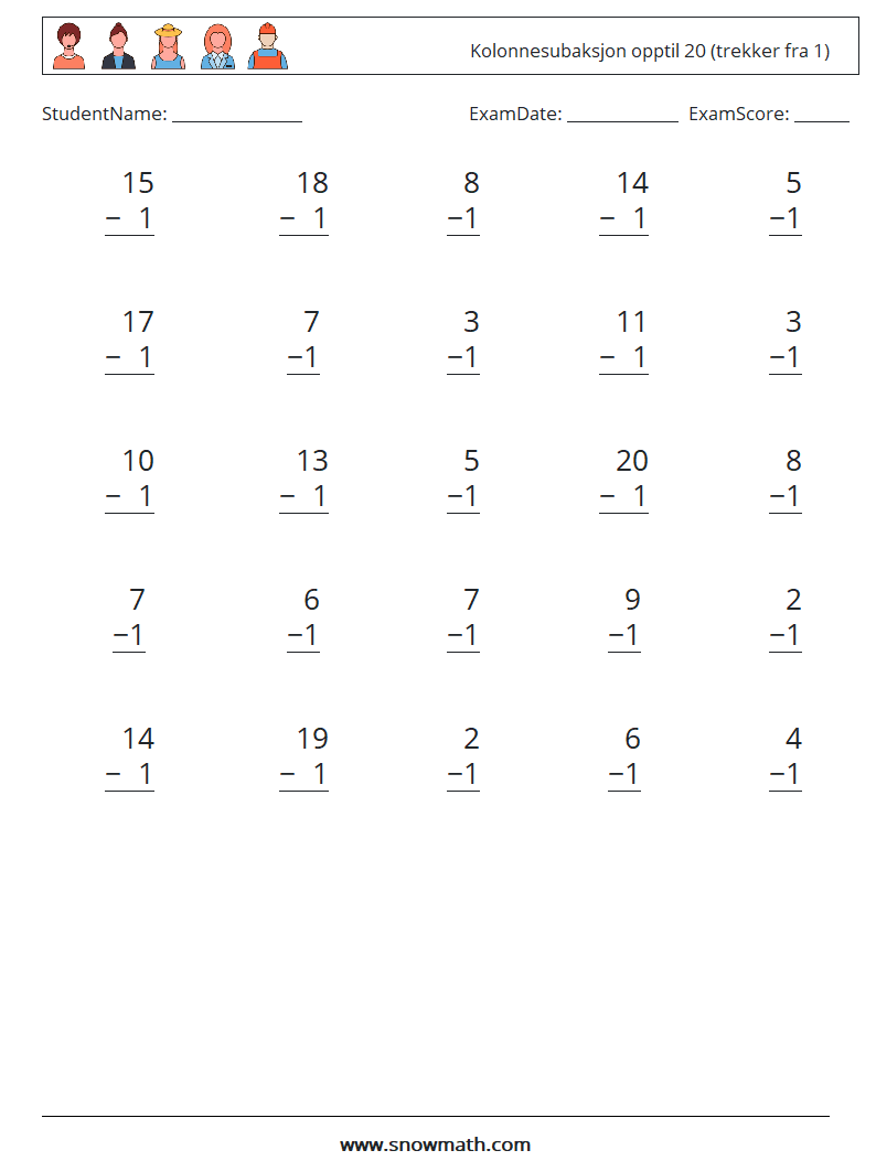 (25) Kolonnesubaksjon opptil 20 (trekker fra 1) MathWorksheets 8