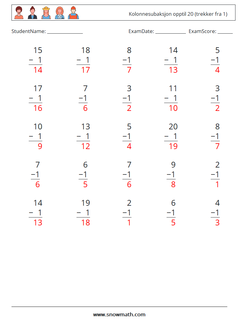 (25) Kolonnesubaksjon opptil 20 (trekker fra 1) MathWorksheets 8 QuestionAnswer