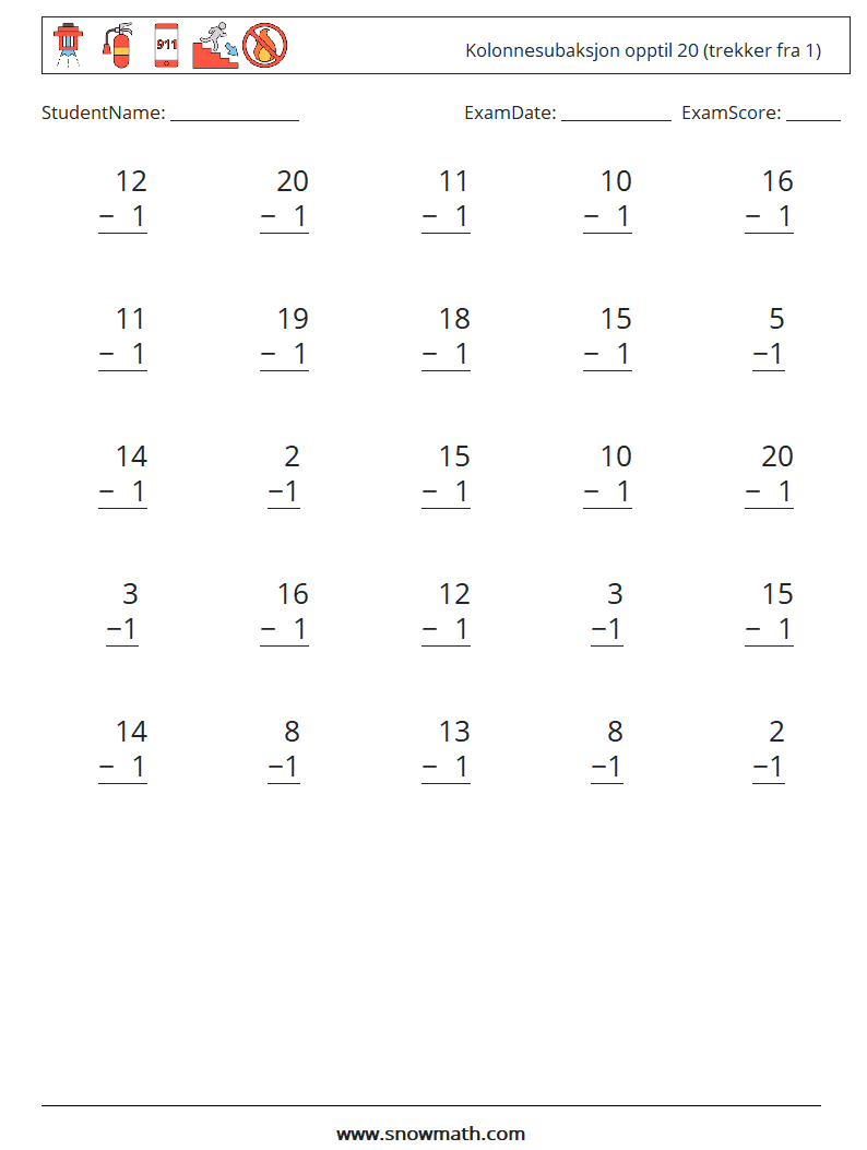 (25) Kolonnesubaksjon opptil 20 (trekker fra 1) MathWorksheets 9