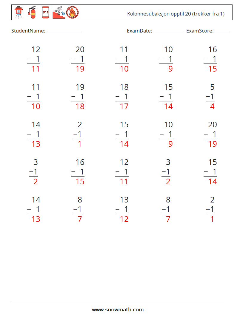 (25) Kolonnesubaksjon opptil 20 (trekker fra 1) MathWorksheets 9 QuestionAnswer