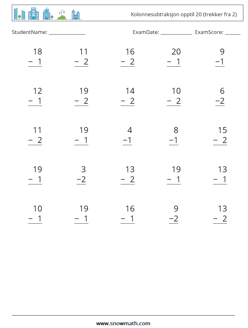 (25) Kolonnesubtraksjon opptil 20 (trekker fra 2) MathWorksheets 1