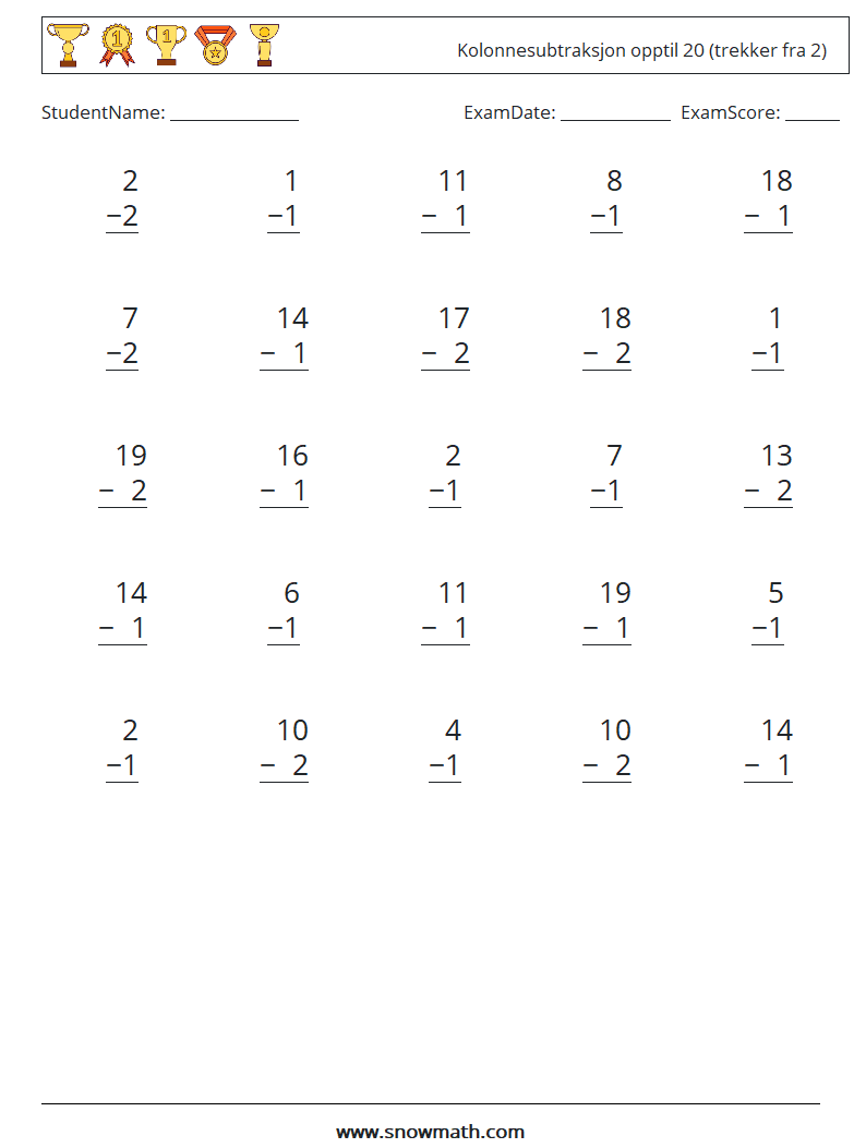(25) Kolonnesubtraksjon opptil 20 (trekker fra 2) MathWorksheets 10