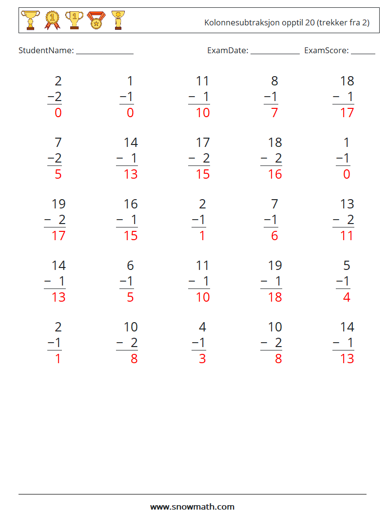 (25) Kolonnesubtraksjon opptil 20 (trekker fra 2) MathWorksheets 10 QuestionAnswer