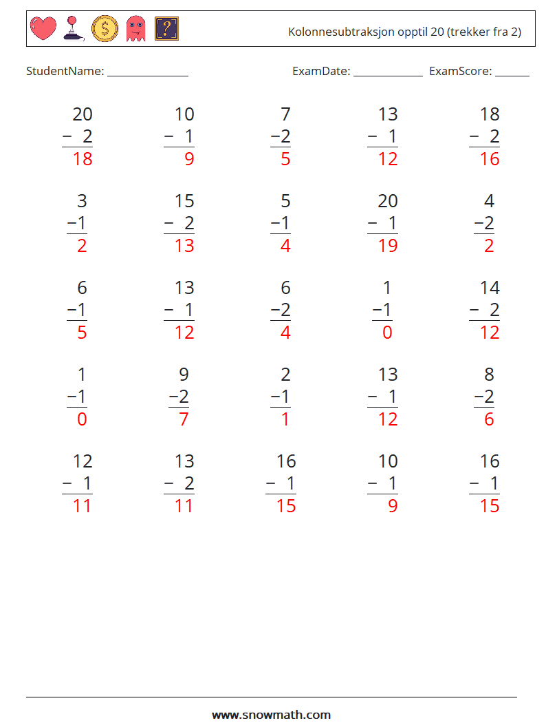 (25) Kolonnesubtraksjon opptil 20 (trekker fra 2) MathWorksheets 12 QuestionAnswer