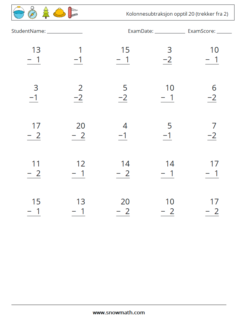 (25) Kolonnesubtraksjon opptil 20 (trekker fra 2) MathWorksheets 13