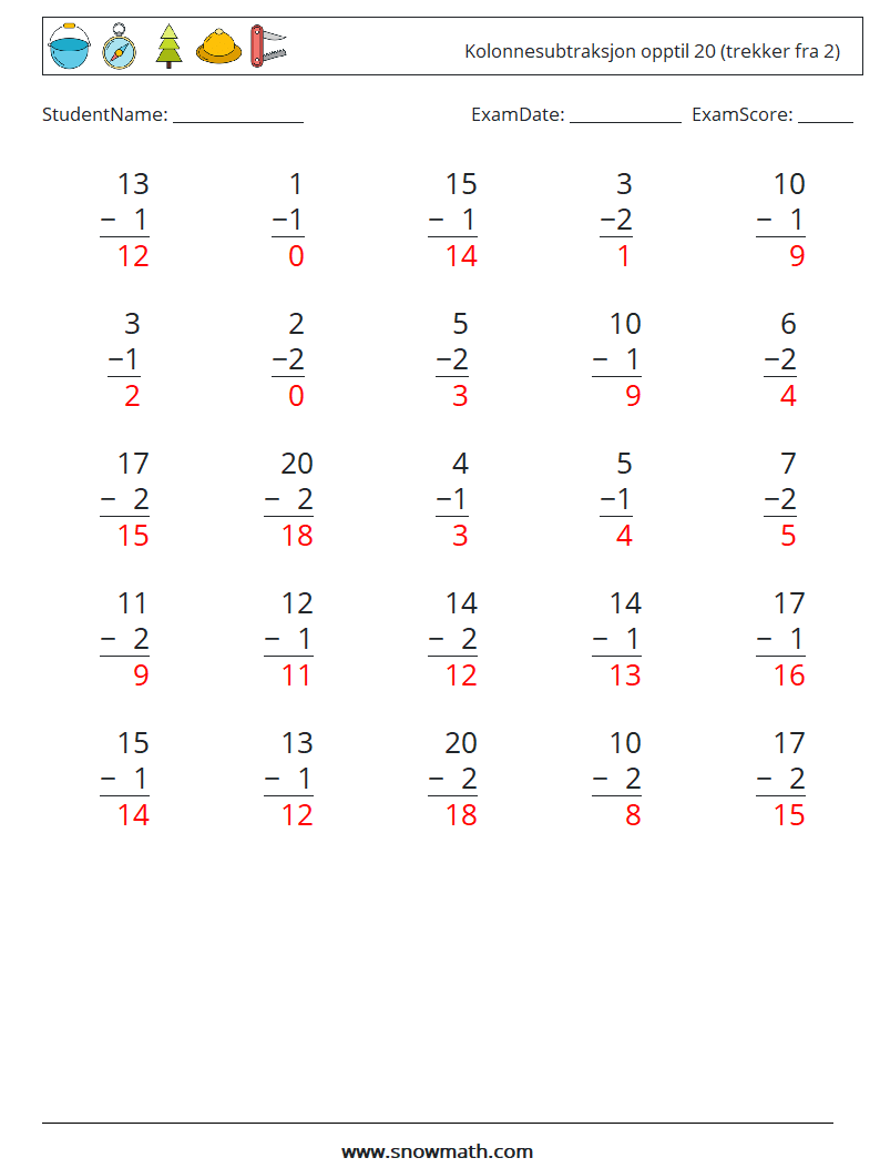 (25) Kolonnesubtraksjon opptil 20 (trekker fra 2) MathWorksheets 13 QuestionAnswer