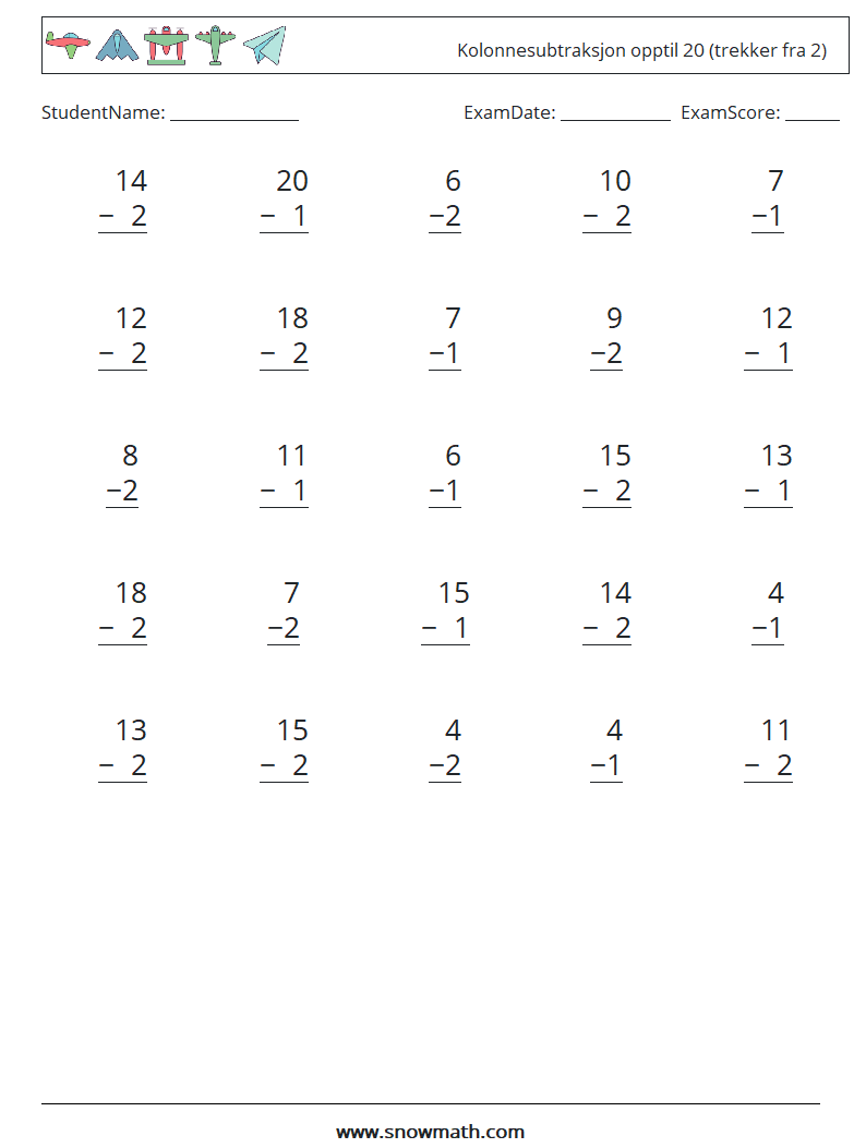(25) Kolonnesubtraksjon opptil 20 (trekker fra 2) MathWorksheets 14