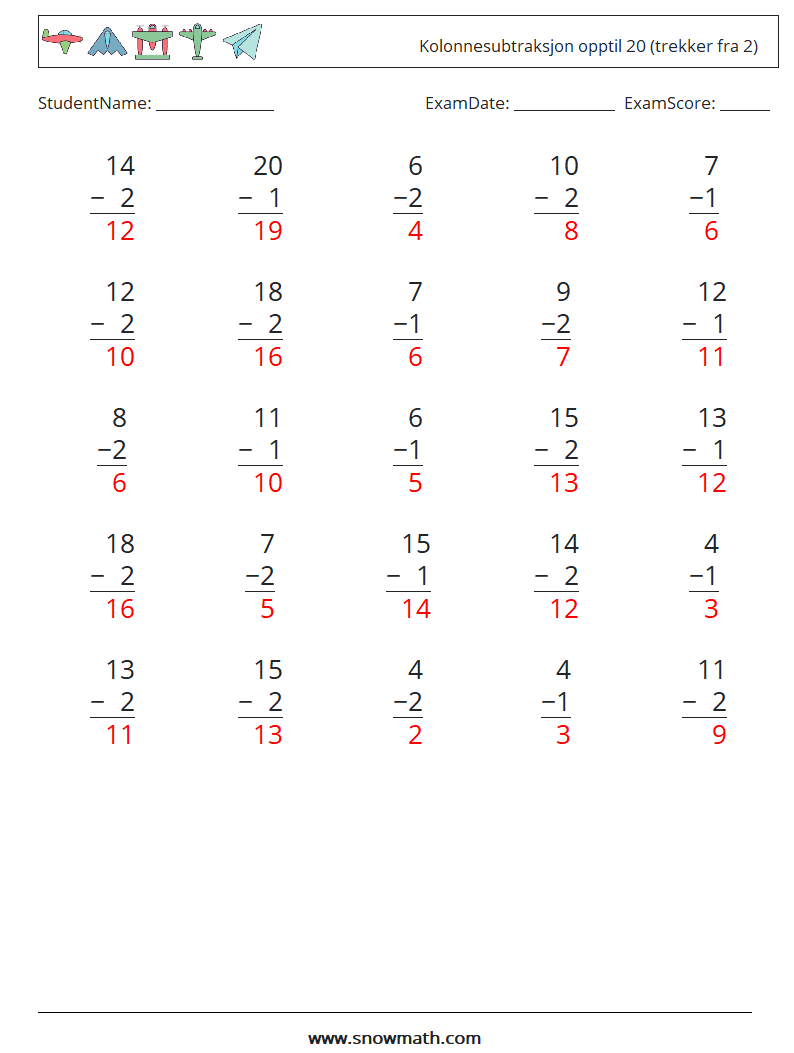 (25) Kolonnesubtraksjon opptil 20 (trekker fra 2) MathWorksheets 14 QuestionAnswer