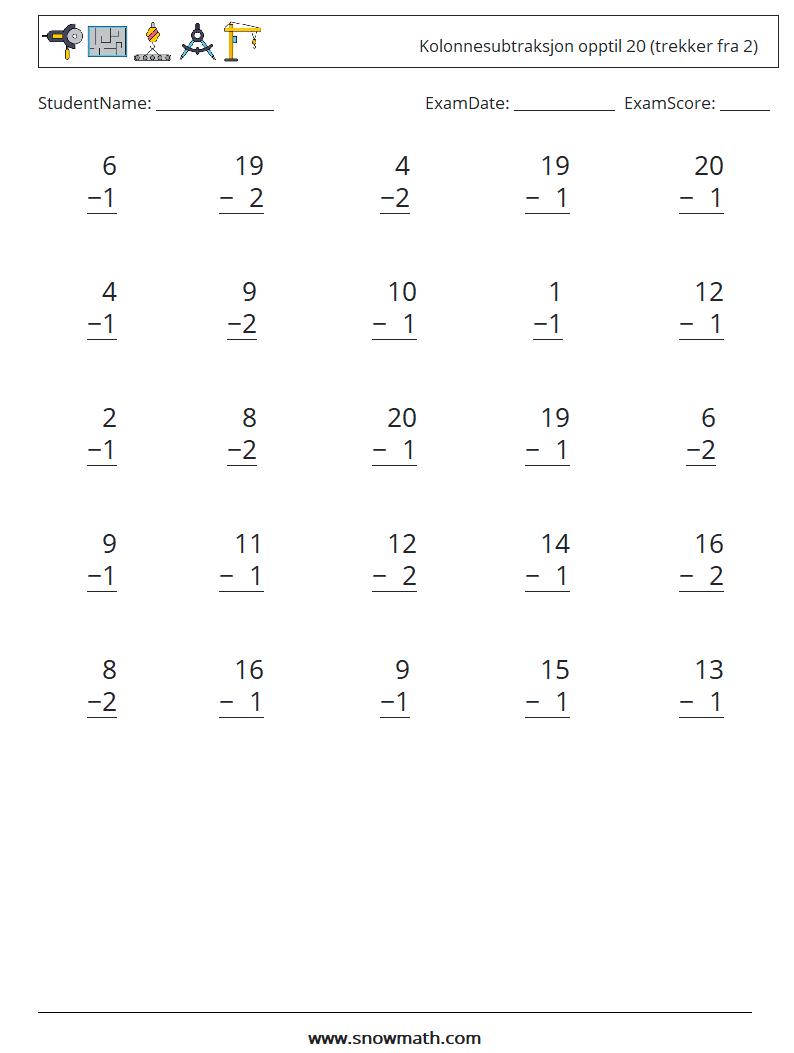 (25) Kolonnesubtraksjon opptil 20 (trekker fra 2) MathWorksheets 15