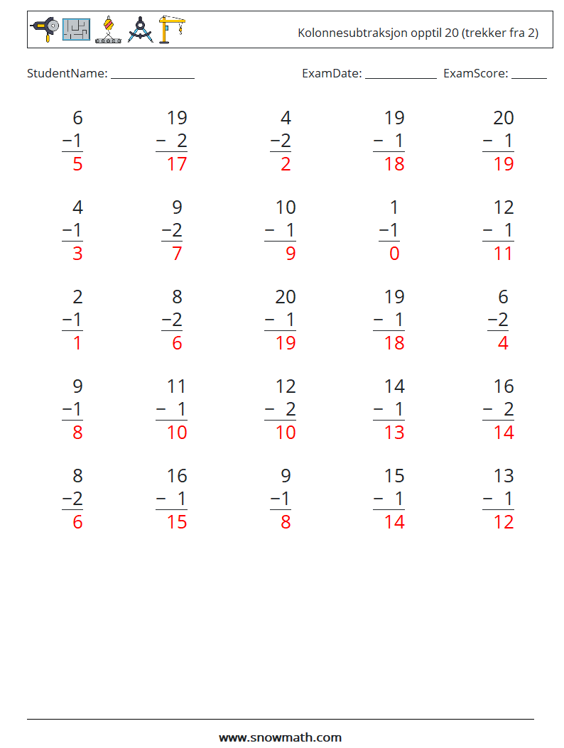 (25) Kolonnesubtraksjon opptil 20 (trekker fra 2) MathWorksheets 15 QuestionAnswer