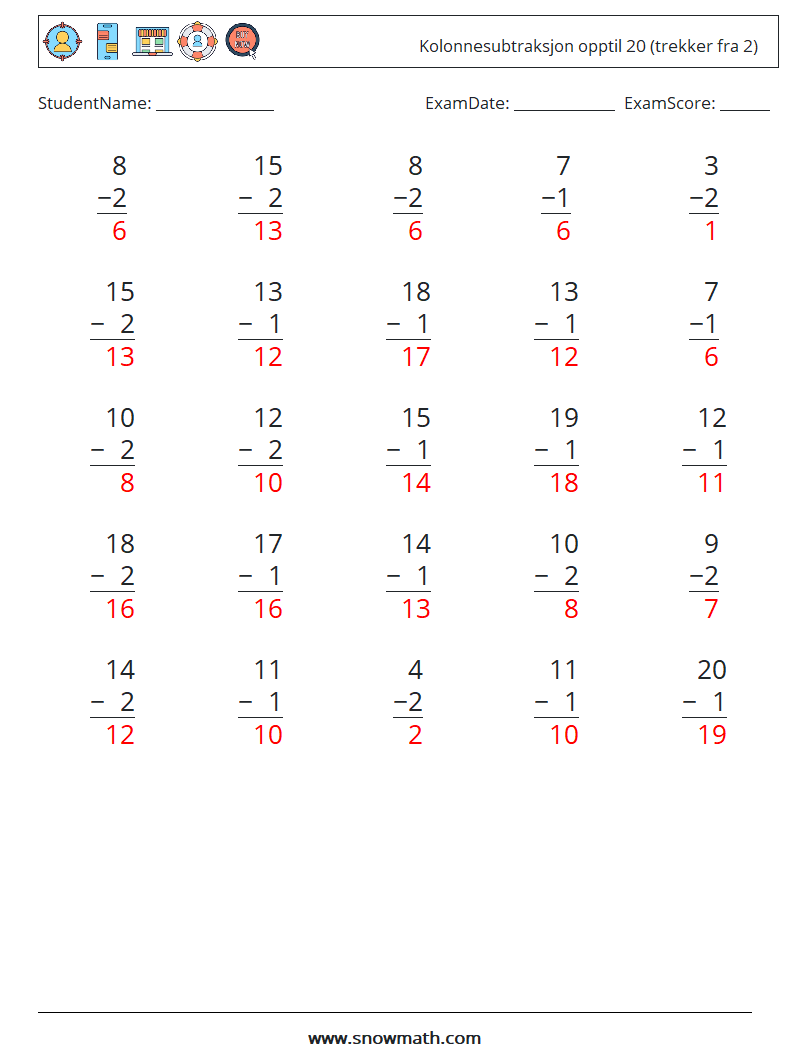 (25) Kolonnesubtraksjon opptil 20 (trekker fra 2) MathWorksheets 16 QuestionAnswer