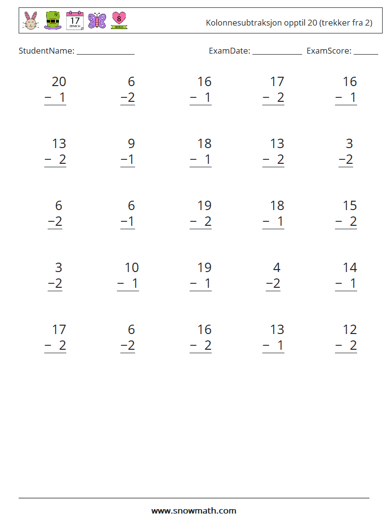 (25) Kolonnesubtraksjon opptil 20 (trekker fra 2) MathWorksheets 17