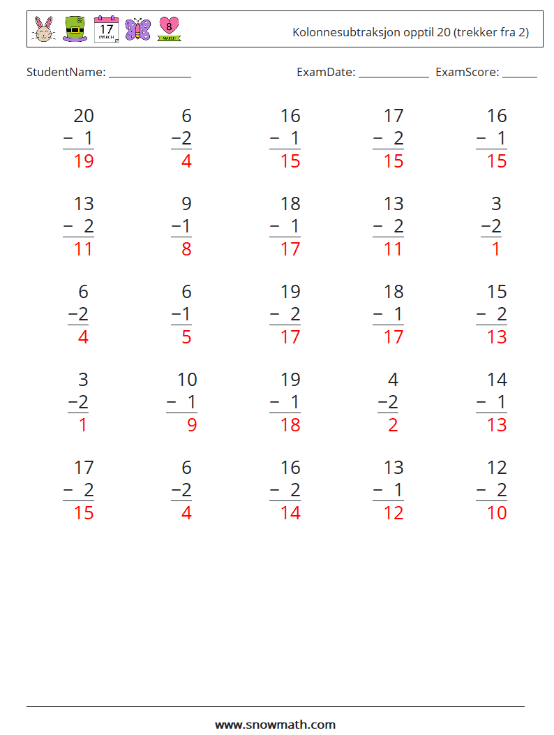 (25) Kolonnesubtraksjon opptil 20 (trekker fra 2) MathWorksheets 17 QuestionAnswer