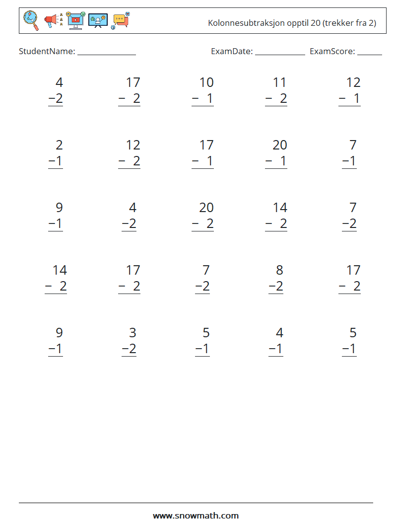 (25) Kolonnesubtraksjon opptil 20 (trekker fra 2) MathWorksheets 18