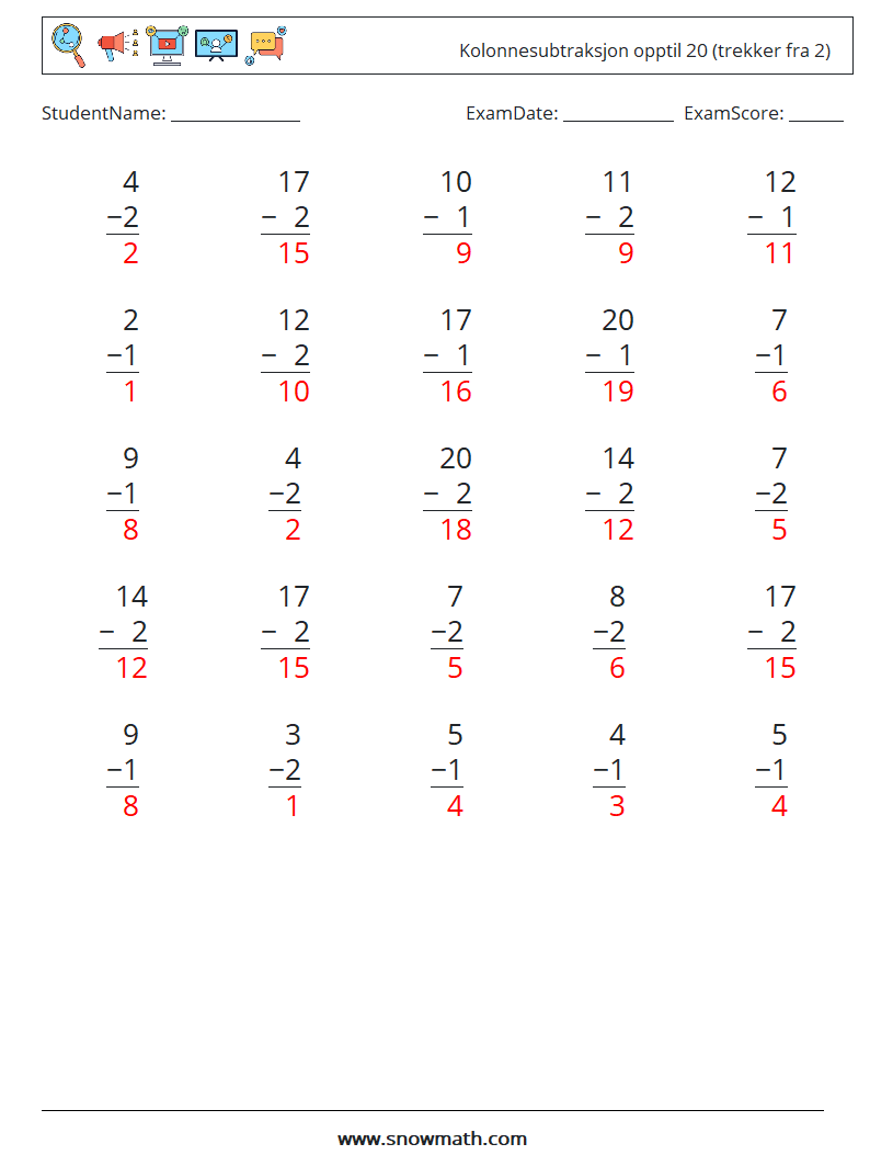 (25) Kolonnesubtraksjon opptil 20 (trekker fra 2) MathWorksheets 18 QuestionAnswer