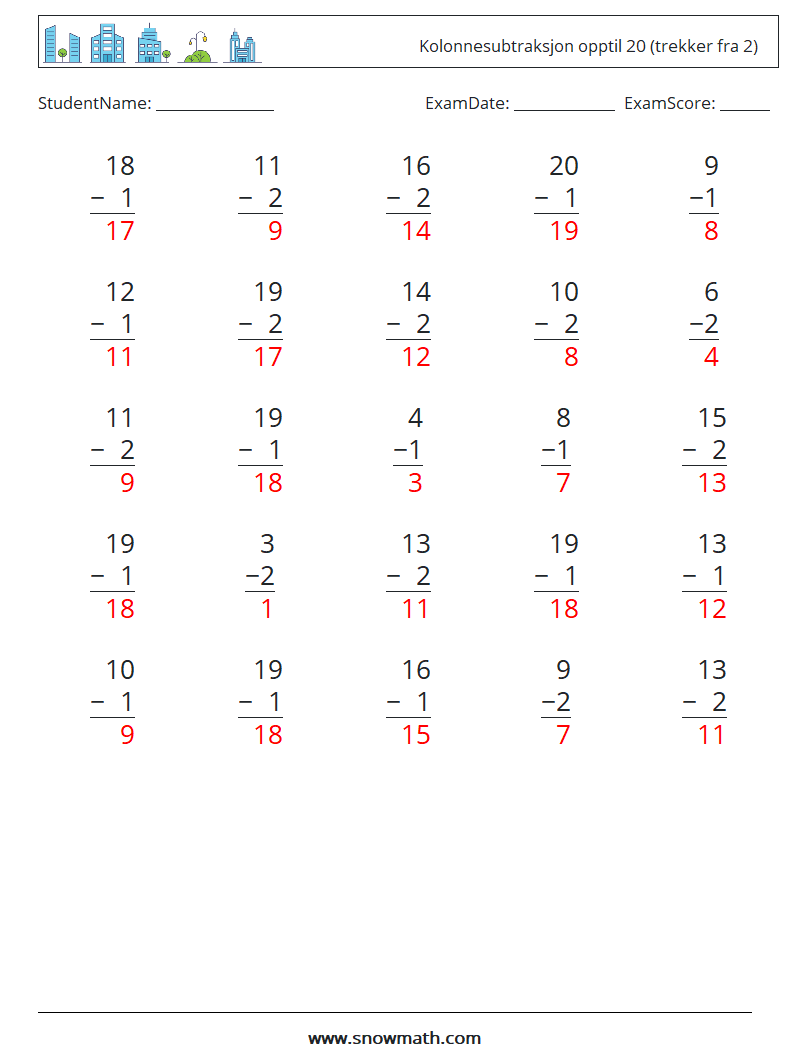 (25) Kolonnesubtraksjon opptil 20 (trekker fra 2) MathWorksheets 1 QuestionAnswer