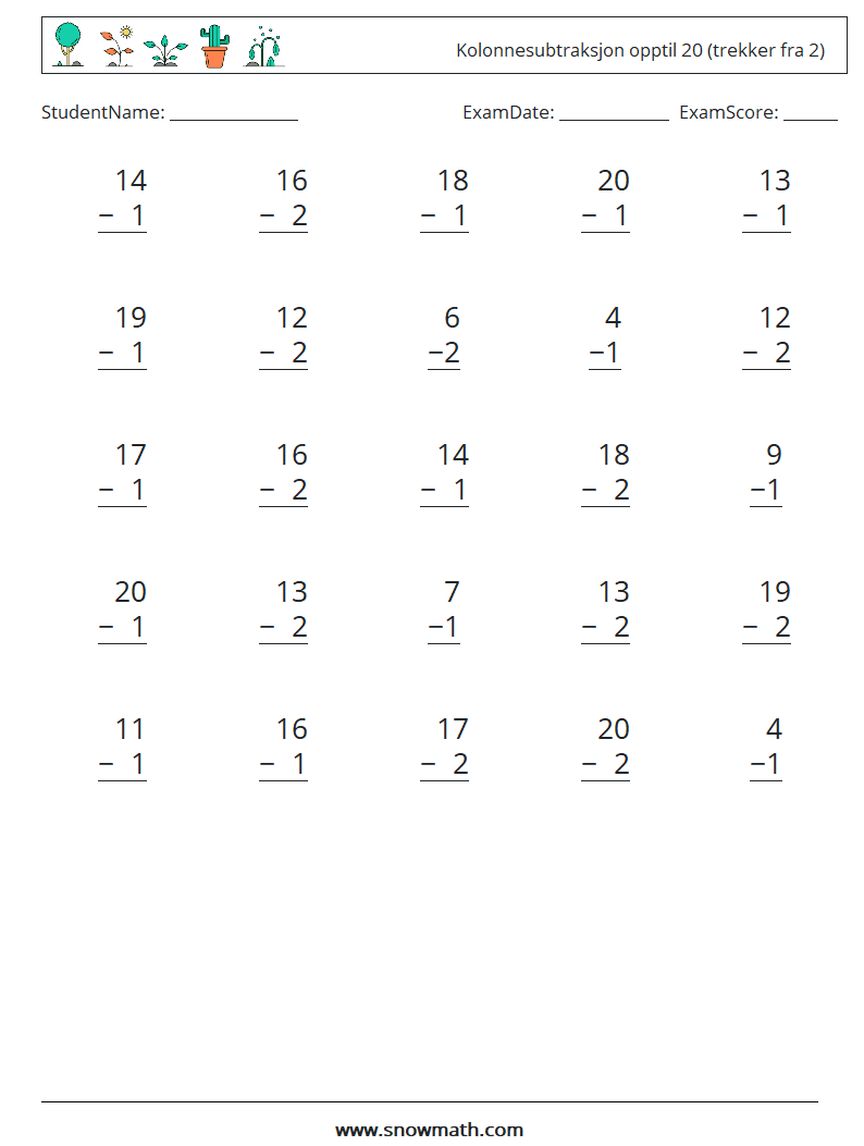 (25) Kolonnesubtraksjon opptil 20 (trekker fra 2) MathWorksheets 2