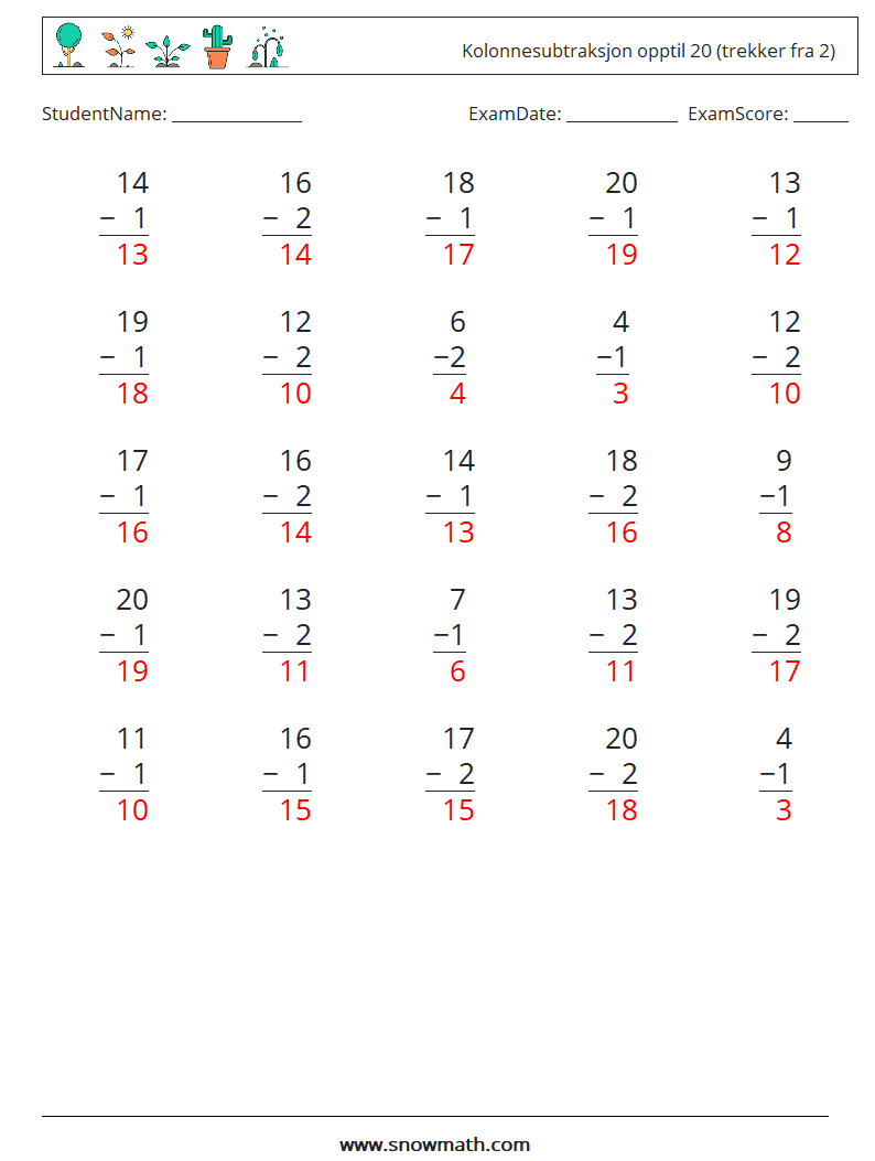 (25) Kolonnesubtraksjon opptil 20 (trekker fra 2) MathWorksheets 2 QuestionAnswer
