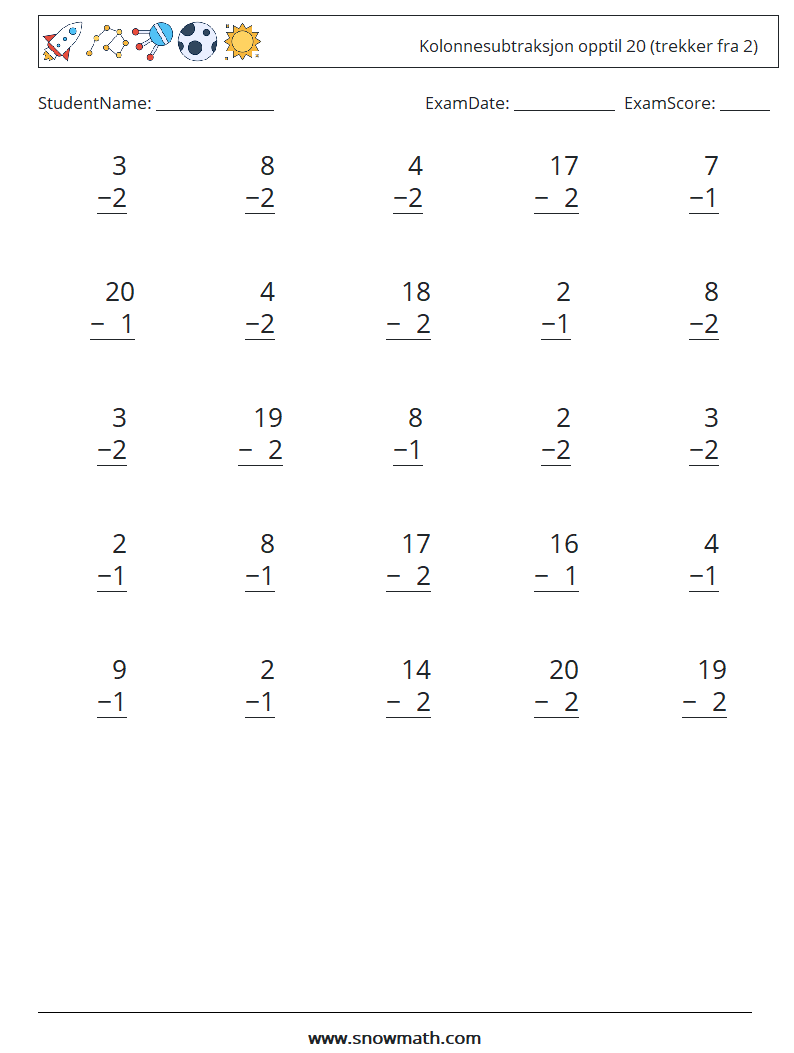 (25) Kolonnesubtraksjon opptil 20 (trekker fra 2) MathWorksheets 3