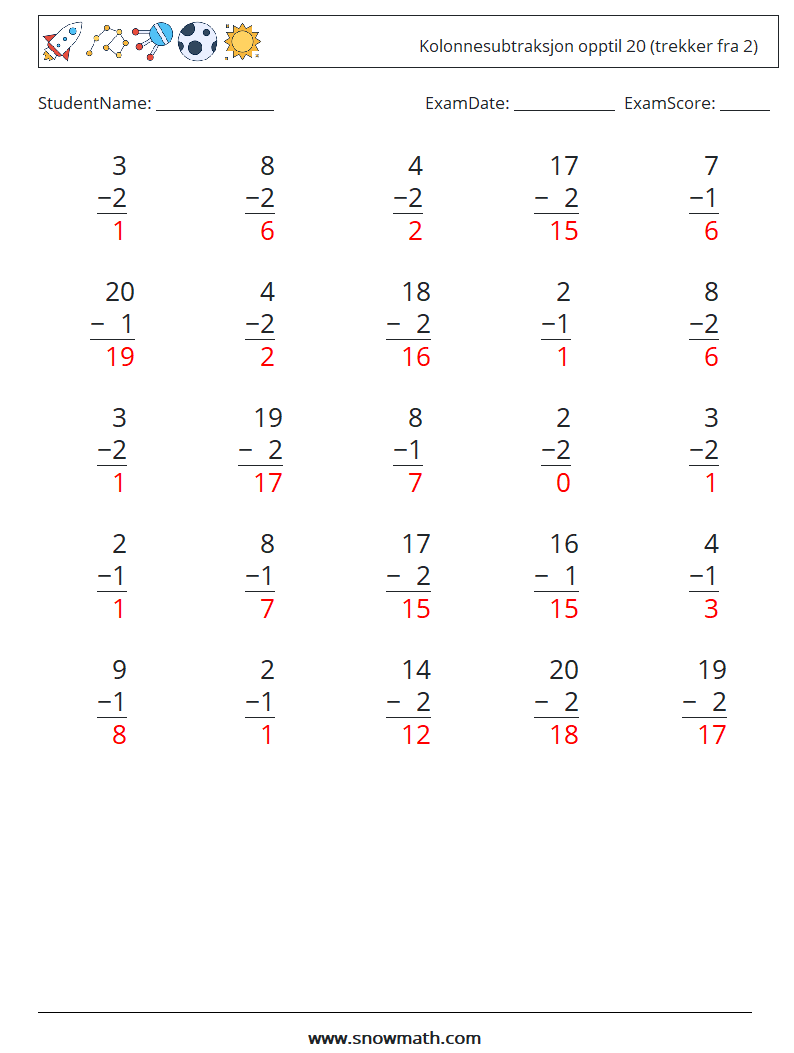 (25) Kolonnesubtraksjon opptil 20 (trekker fra 2) MathWorksheets 3 QuestionAnswer