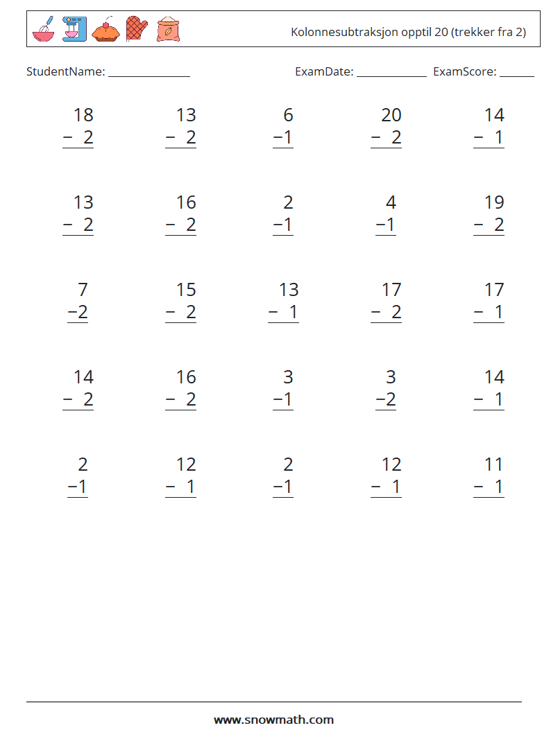 (25) Kolonnesubtraksjon opptil 20 (trekker fra 2) MathWorksheets 4