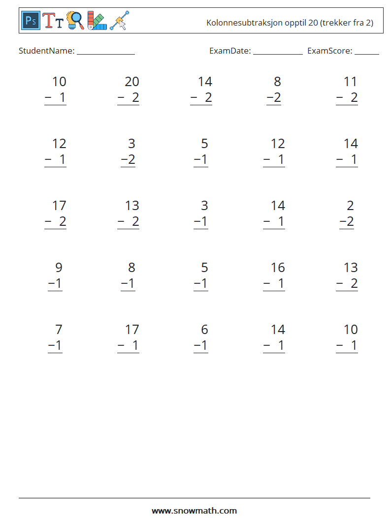 (25) Kolonnesubtraksjon opptil 20 (trekker fra 2) MathWorksheets 5
