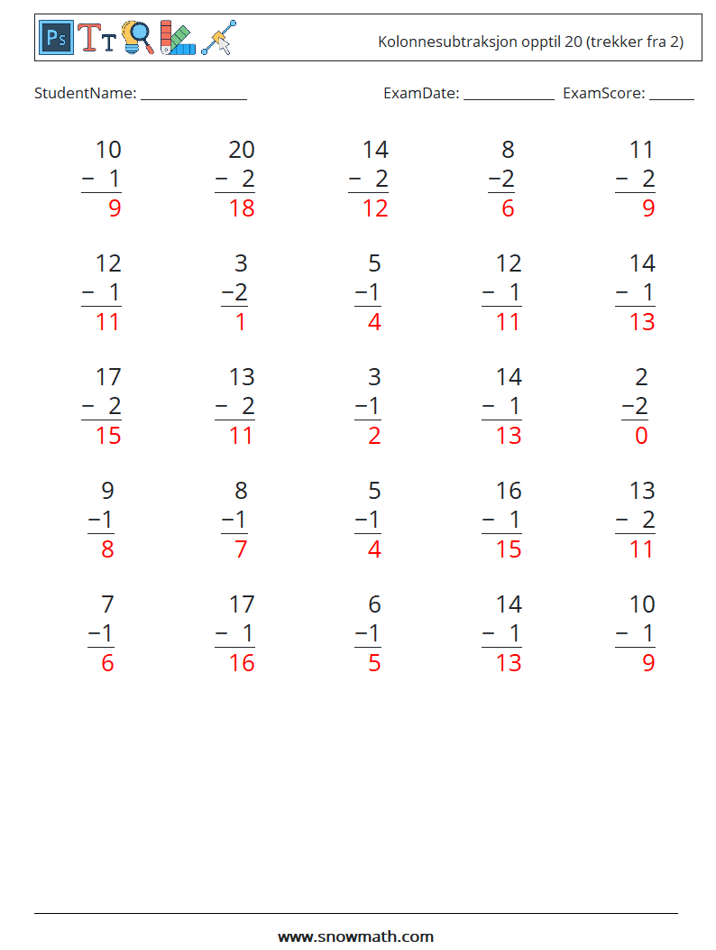 (25) Kolonnesubtraksjon opptil 20 (trekker fra 2) MathWorksheets 5 QuestionAnswer