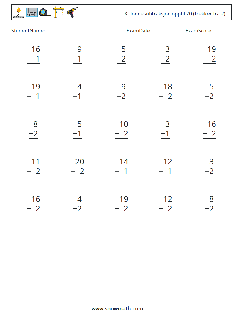 (25) Kolonnesubtraksjon opptil 20 (trekker fra 2) MathWorksheets 6