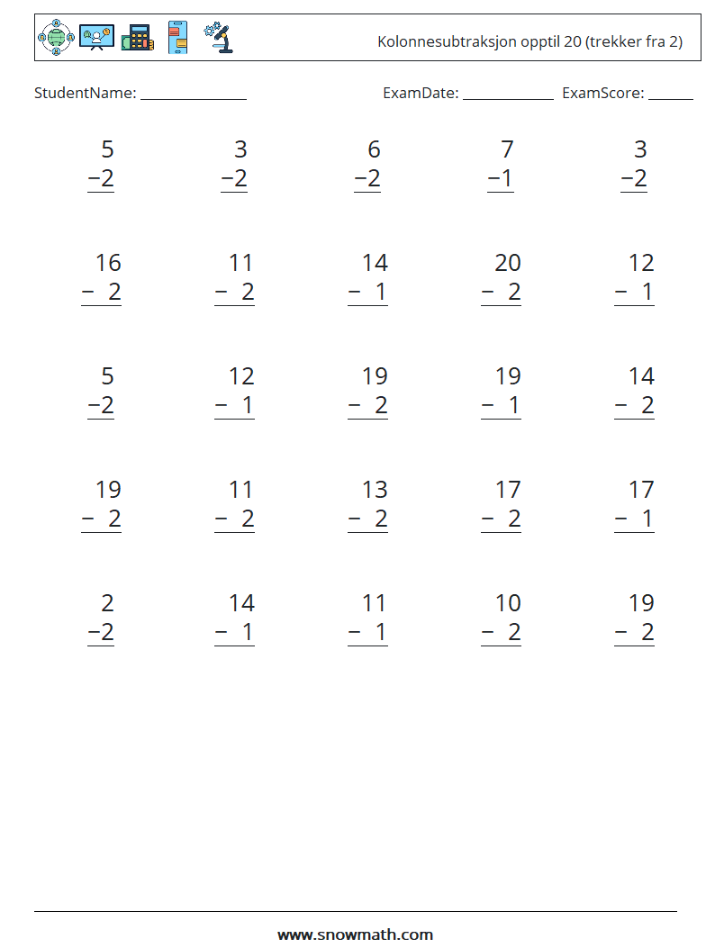 (25) Kolonnesubtraksjon opptil 20 (trekker fra 2) MathWorksheets 7